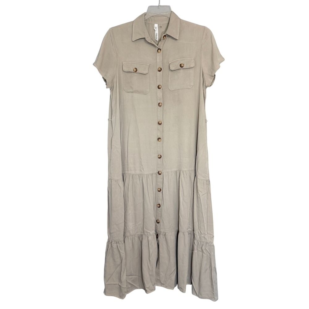 NY Collection Women's Tiered Maxi‎ Shirt Dress Size L Safari Utility Minimalist